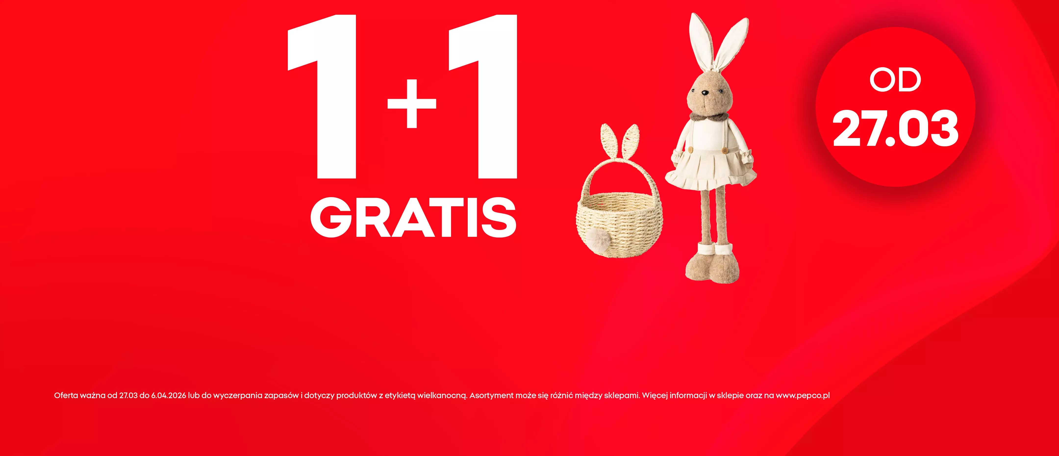 Promocja 1+1 GRATIS na dekoracje wielkanocne, figurka królika z koszyczkiem, ważna od 27.03.